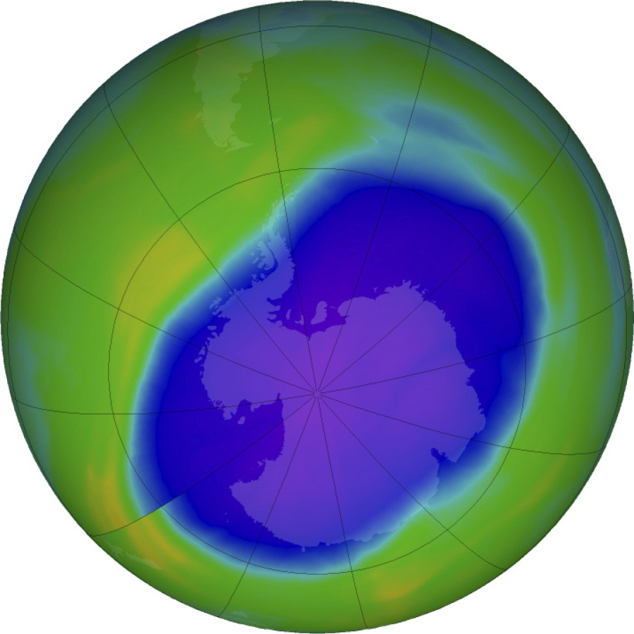 In this NASA false-color image, the blue and purple shows the hole in Earth's protective ozone layer over Antarctica on Oct. 5, 2022. It has generally been shrinking but grew to a moderately large size this year because of weather conditions.