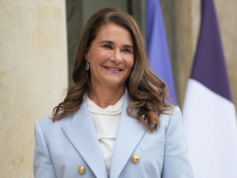 FILE - Melinda French Gates, co-chairperson of the Bill and Melinda Gates Foundation, poses for photographers at a gender equality conference at the Elysee Palace in Paris on July 1, 2021. The Bill & Melinda Gates Foundation donated $10 million to the organization that grew out of the hashtag #GivingTuesday in part to fund a database of charitable giving and other acts of generosity.
