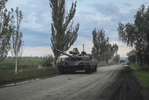 Ukrainian servicemen drive a tank on the way to Siversk, Donetsk region, Ukraine, Saturday, Oct. 1, 2022.