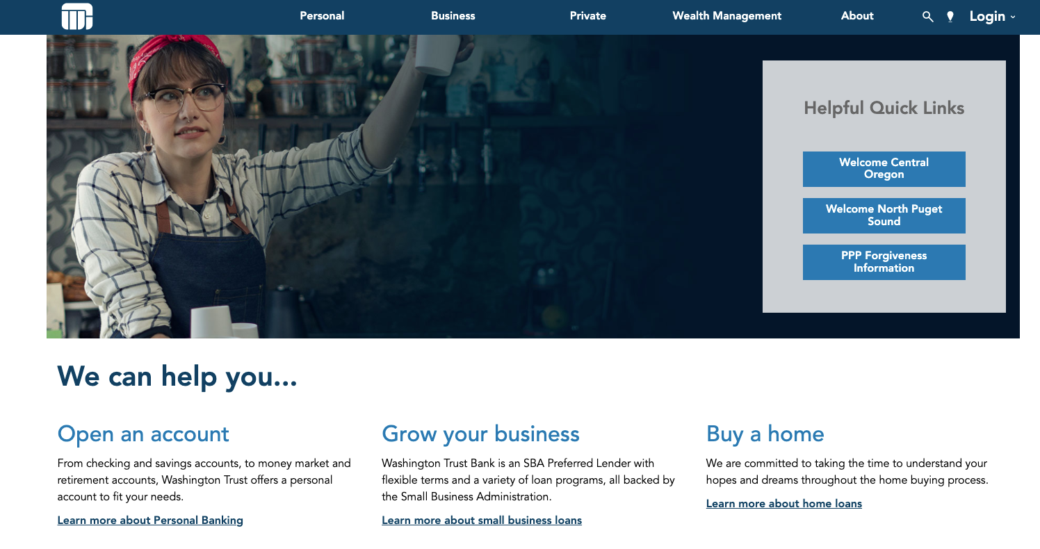 The homepage of Washington Trust Bank, watrust.com.