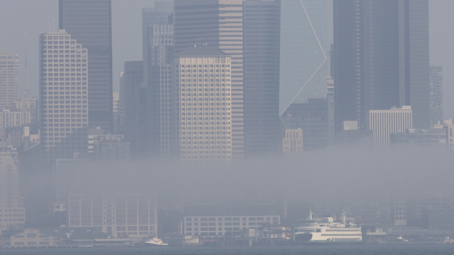The Seattle skyline is obscured by a thick haze of smoke on Tuesday. (ellen m.