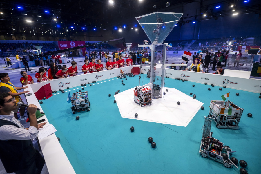 Robots from different teams compete during the 6th edition of the First Global Robotics Challenge in Geneva, Switzerland, Saturday, Oct. 15, 2022.