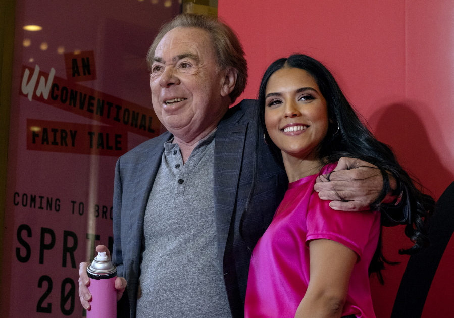 Composer Andrew Lloyd Webber stands with Linedy Genao, who will star in his production "Bad Cinderella," as an announcement was made about the new production Monday, Oct. 3, 2022, at the Imperial Theatre in New York.