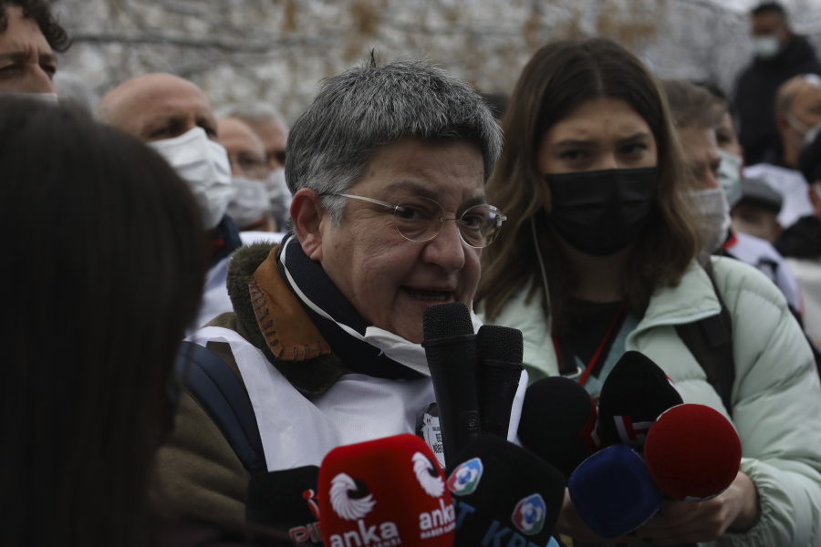 FILE - In this Feb. 4, 2022 file photo, Sebnem Korur Fincanci, the head of the Turkish Medical Association, speaks during a protest in Ankara, Turkey. Police on Wednesday. Oct. 26 detained a physician and leading human rights activist after she called for an investigation into allegations that the Turkish military used chemical weapons against Kurdish militants in northern Iraq, reports said. Fincanci was detained on charges of disseminating "terrorist propaganda" as part of an investigation launched by anti-terrorism police, the Ankara chief prosecutor's office said.