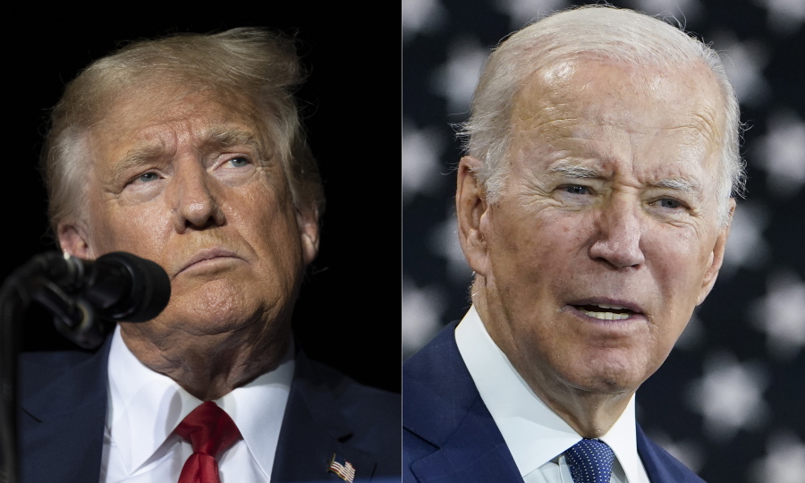 This combination of photos shows former President Donald Trump, left, and President Joe Biden, right. This year's midterm elections are playing out as a strange continuation of the last presidential race -- and a potential preview of the next one.