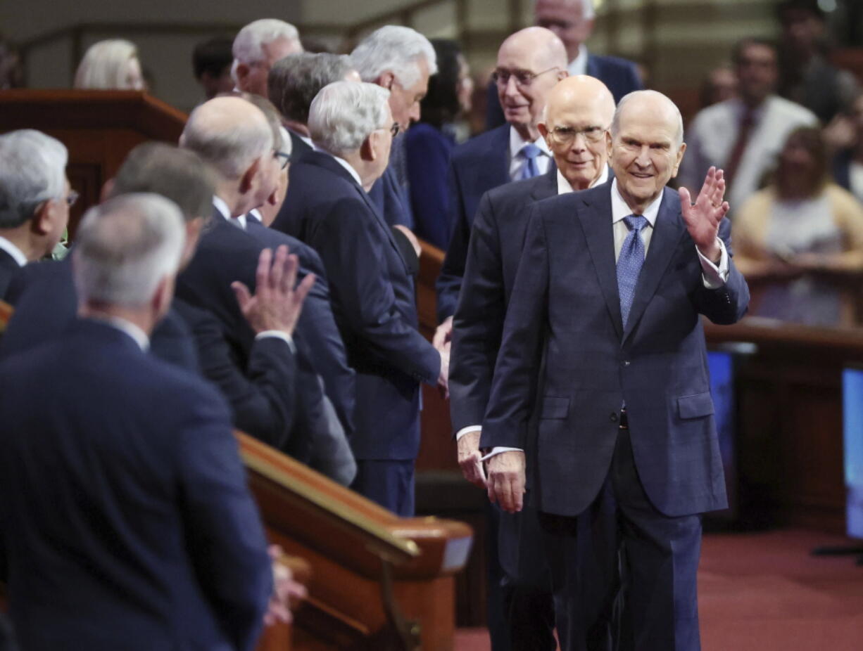 President Russell M. Nelson, of The Church of Jesus Christ of Latter-day Saints, waves to other general authorities prior to the Saturday morning session of the 192nd Semiannual General Conference of The Church of Jesus Christ of Latter-day Saints in Salt Lake City on Saturday, Oct. 1, 2022.  (Jeffrey D.