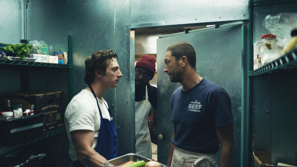 Jeremy Allen White, from left, as Carmen "Carmy" Berzatto, Lionel Boyce as Marcus, and Ebon Moss-Bachrach as Richard "Richie" Jerimovich in FX Networks' "The Bear." (FX Networks)