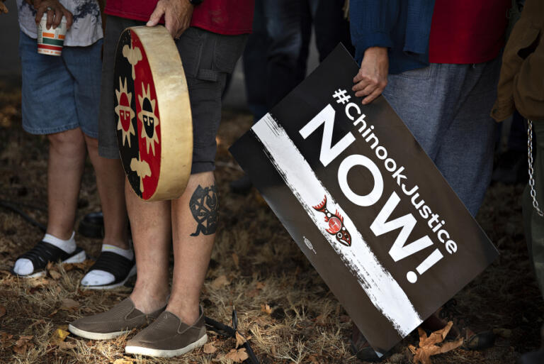 Sam Robinson, holding a drum, was among dozens rallying on Oct. 7 for federal recognition for the Chinook Indian Nation at Fort Vancouver National Historic Site.