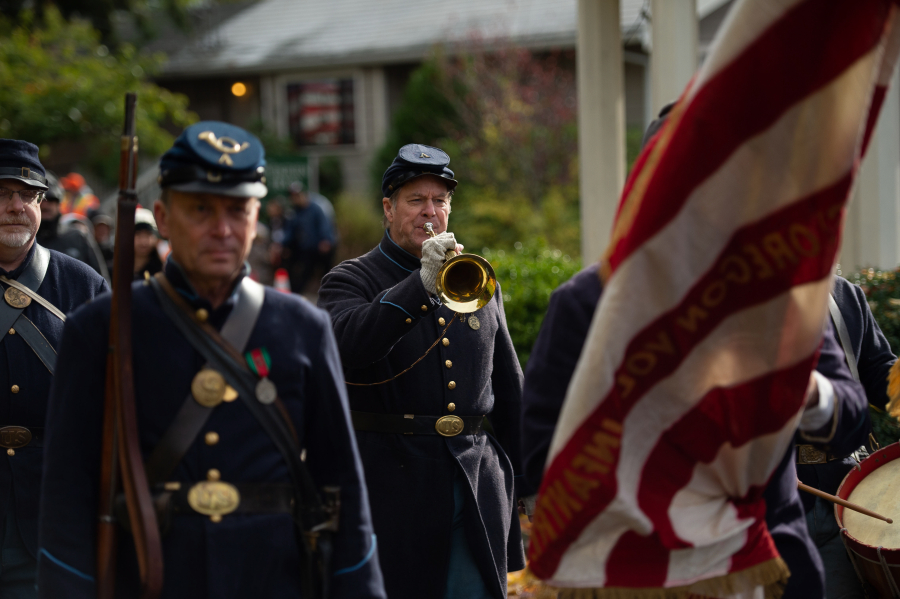 The Oregon Volunteer Infantry marches in the Veterans Day Parade on Nov. 2, 2022, along Evergreen Boulevard in central Vancouver.