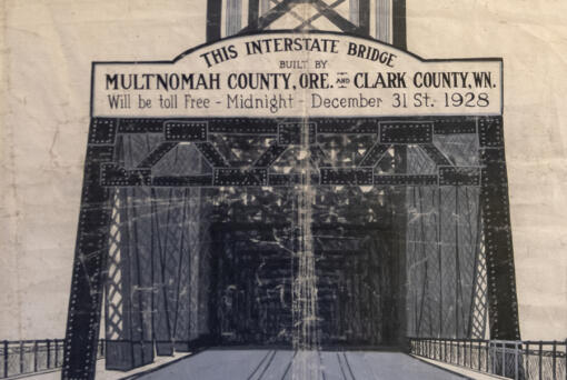 Artwork of the Interstate Bridge the day tolls are removed, which is decorated with banners celebrating it becoming a free bridge, is pictured from a collection at Clark County Historical Museum on Nov. 18.