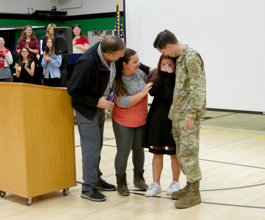 Woodland Middle School surprised eighth-grader Abigail Alway with a special visit from her beloved uncle, U.S. Army Sgt. Edward Marcus Mayer II.