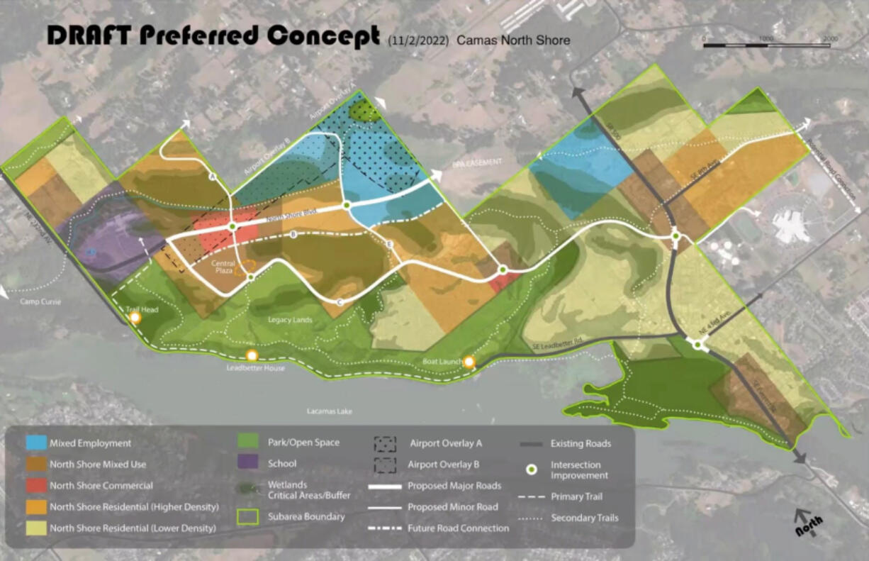 A "preferred concept" shows how the Camas' North Shore will likely develop: with a mix of residential (yellow, orange), mixed-use, commercial and mixed employment (brown, red, blue) uses near open space and parkland (green).