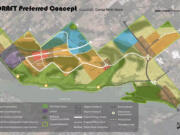 A "preferred concept" shows how the Camas' North Shore will likely develop: with a mix of residential (yellow, orange), mixed-use, commercial and mixed employment (brown, red, blue) uses near open space and parkland (green).