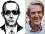 An artist's rendition of skyjacker D.B. Cooper, left, and a photo from the 1990s of Vince Petersen.