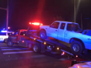 A pickup allegedly driven by Jason Tester, 22, of Vancouver is towed away after it was immobilized by Clark County sheriff's deputies. A sergeant attempted to pull Tester over for speeding, but he said Tester refused to stop.
