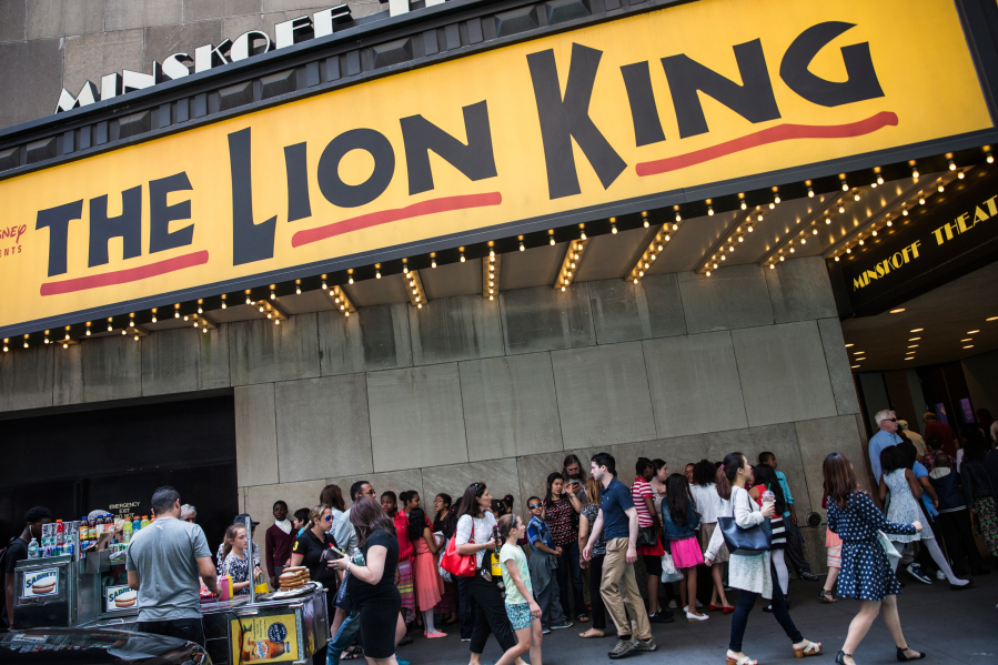 People wait in line to see the matinee show of "The Lion King" on May 27, 2015, in New York City. Sunday marked the 25th anniversary of "The Lion King" on Broadway.