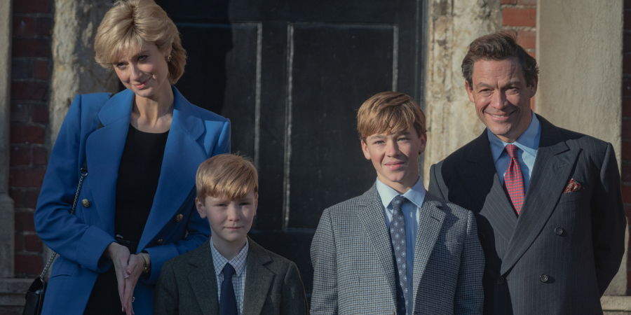 From left, Elizabeth Debicki, Will Powell, Senan West and Dominic West in Season 5 of "The Crown." (Keith Bernstein/Netflix/TNS)