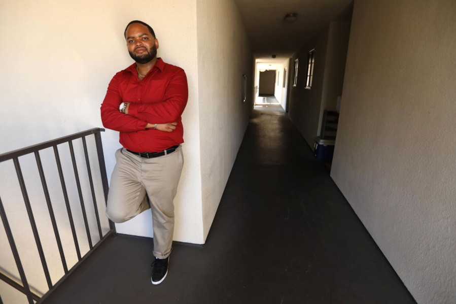 Robert Gardner, a Section 8 tenant denied numerous times by landlords who said they didn't take Section 8 clients, stands in the apartment building where he lives in Los Angeles on Oct. 18, 2022.