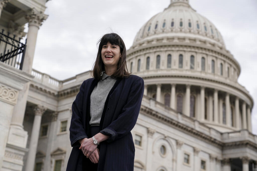 Rep.-elect Marie Gluesenkamp Perez, D-Wash., joins new members of the House of Representatives on the steps of the Capitol for a group photo, in Washington, Tuesday, Nov. 15, 2022. (AP Photo/J.