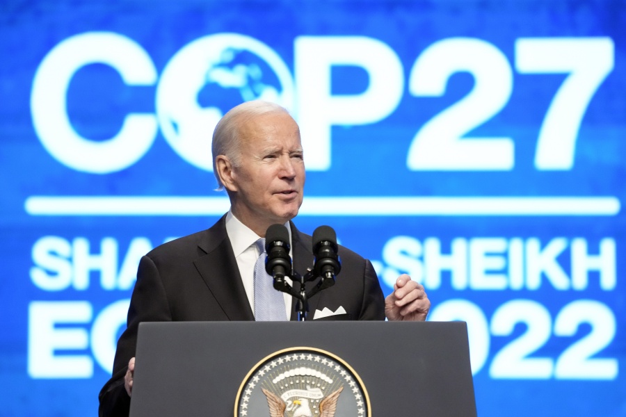 President Joe Biden speaks at the COP27 U.N. Climate Summit, Friday, Nov. 11, 2022, at Sharm el-Sheikh, Egypt.