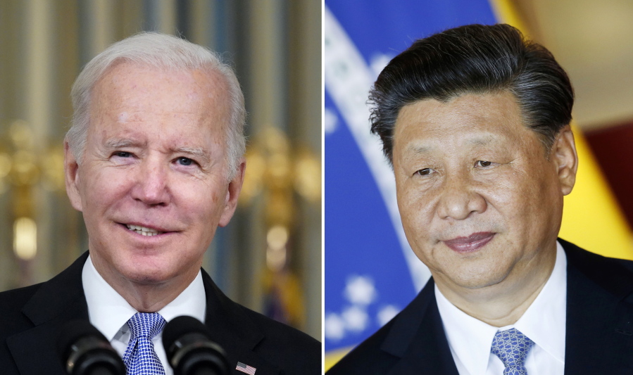 FILE - This combination image shows U.S. President Joe Biden in Washington, Nov. 6, 2021, and China's President Xi Jinping in Bras?lia, Brazil, Nov. 13, 2019. President Biden says he hopes to use an anticipated meeting with China's President Xi Jinping to discuss growing tensions between Washington and Beijing over the self-ruled island of Taiwan, trade policies and Beijing's relationship with Russia. The White House has said that it is working with Chinese officials to arrange a meeting between Biden and Xi on the sidelines of next week's Group of 20 Summit in Bali, Indonesia.