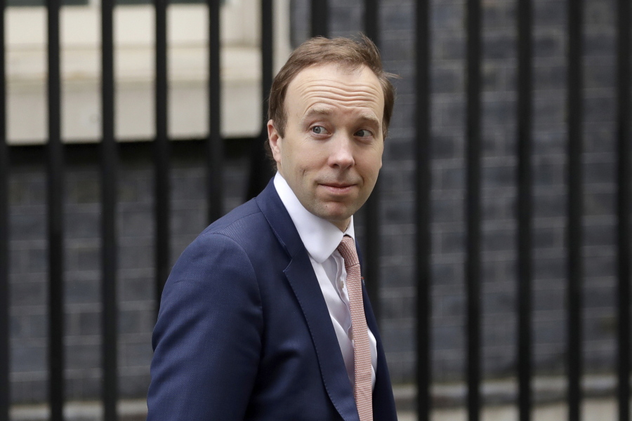 FILE - In this Thursday, April 30, 2020 file photo, the then British Health Secretary Matt Hancock leaves 10 Downing Street in London, Thursday, April 30, 2020. Former U.K. Health Secretary Matt Hancock, who led Britain's response to COVID-19 in the first year of the pandemic, was suspended by the Conservative Party on Tuesday, Nov. 1, 2022 after signing up to a reality TV show.