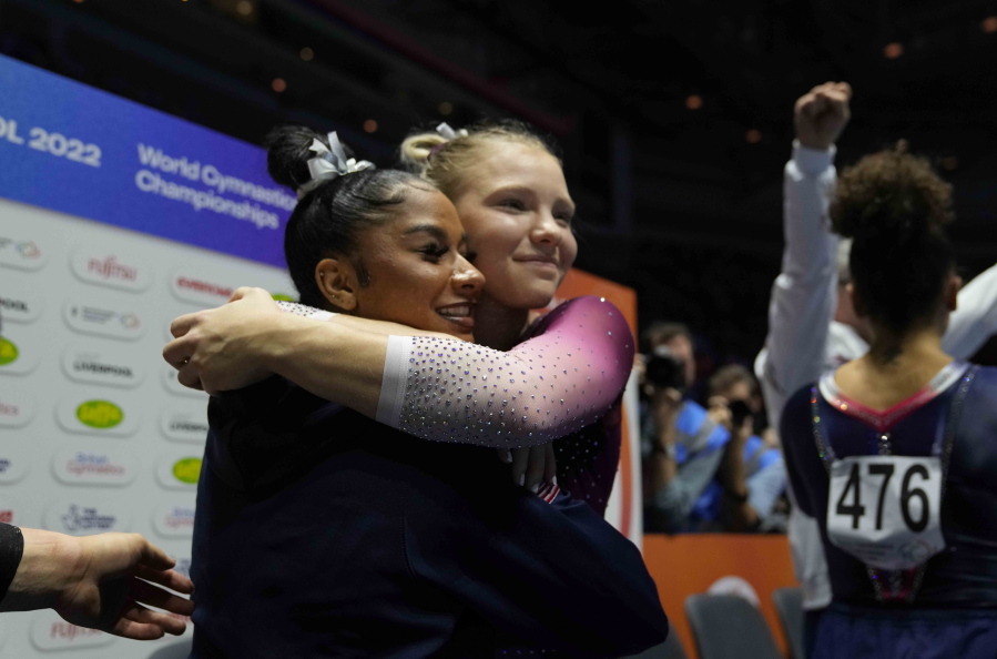 Jordan Chiles of the U.S., left, and compatriot Jade Carey celebrate after competing in the vault finals during the Artistic Gymnastics World Championships at M&S Bank Arena in Liverpool, England, Saturday, Nov. 5, 2022.