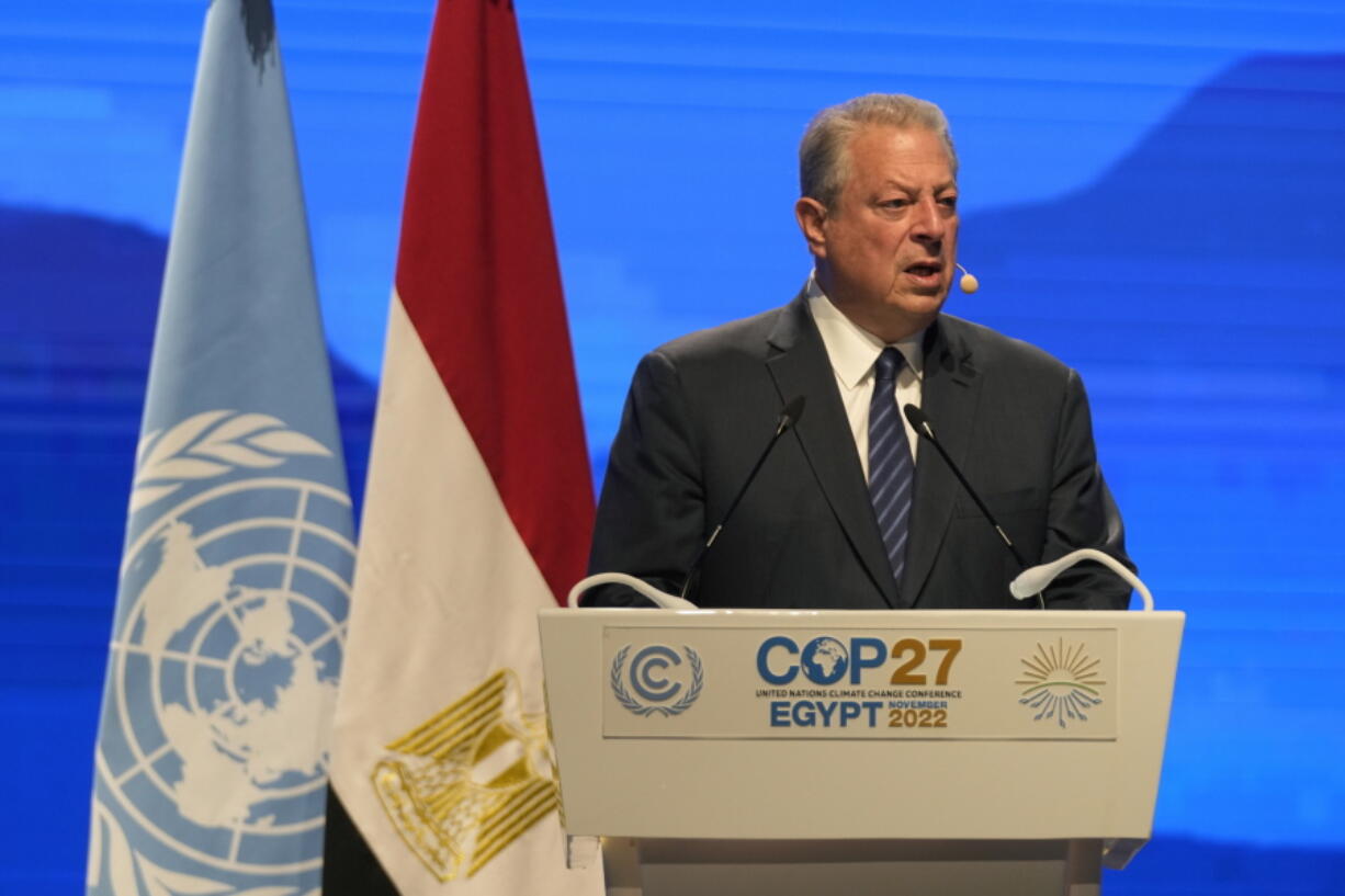Former U.S. Vice President Al Gore speaks during a session at the COP27 U.N. Climate Summit, Wednesday, Nov. 9, 2022, in Sharm el-Sheikh, Egypt.