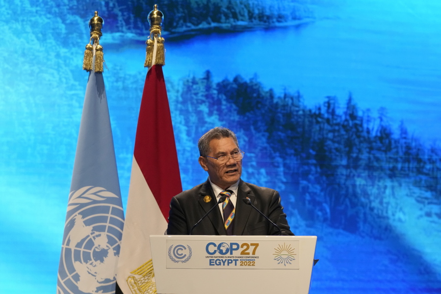 Kausea Natano, prime minister of Tuvalu, speaks at the COP27 U.N. Climate Summit, Tuesday, Nov. 8, 2022, in Sharm el-Sheikh, Egypt.