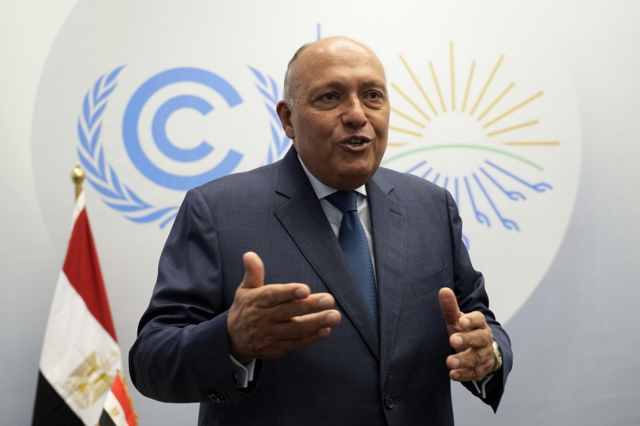 Sameh Shoukry, Egypt Foreign Minister and COP27 president, speaks during an interview with The Associated Press at the COP27 U.N. Climate Summit, Thursday, Nov. 10, 2022, in Sharm el-Sheikh, Egypt.