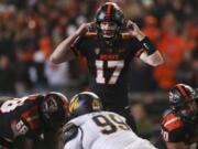 Oregon State quarterback Ben Gulbranson (17) calls out to teammates during the first half of an NCAA college football game against California on Saturday, Nov 12, 2022, in Corvallis, Ore.