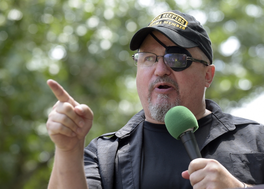 FILE - Stewart Rhodes, founder of the citizen militia group known as the Oath Keepers speaks during a rally outside the White House in Washington, on June 25, 2017. A witness testified Wednesday that Oath Keepers founder Stewart Rhodes tried to get a message to then-President Donald Trump days after the Jan. 6, 2021 insurrection through an intermediary.