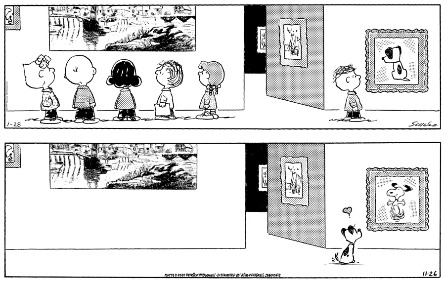 A "Peanuts" cartoon, top, by Charles M. Schulz in 1999 shows kids at a museum with one off on the side, gazing at a painting of Earl from "Mutts," and a "Mutts" cartoon by Patrick McDonnell showing Earl at the museum fondly looking at a framed image of Snoopy.