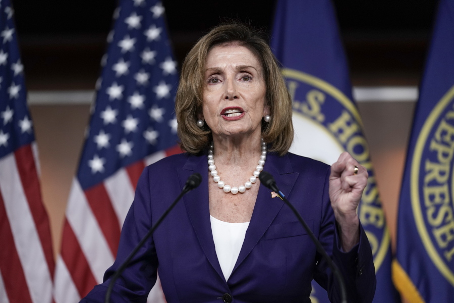 FILE - Speaker of the House Nancy Pelosi, D-Calif., speaks at a news conference as Democrats push to bring the assault weapons ban bill to the floor for a vote, at the Capitol in Washington, July 29, 2022. (AP Photo/J.