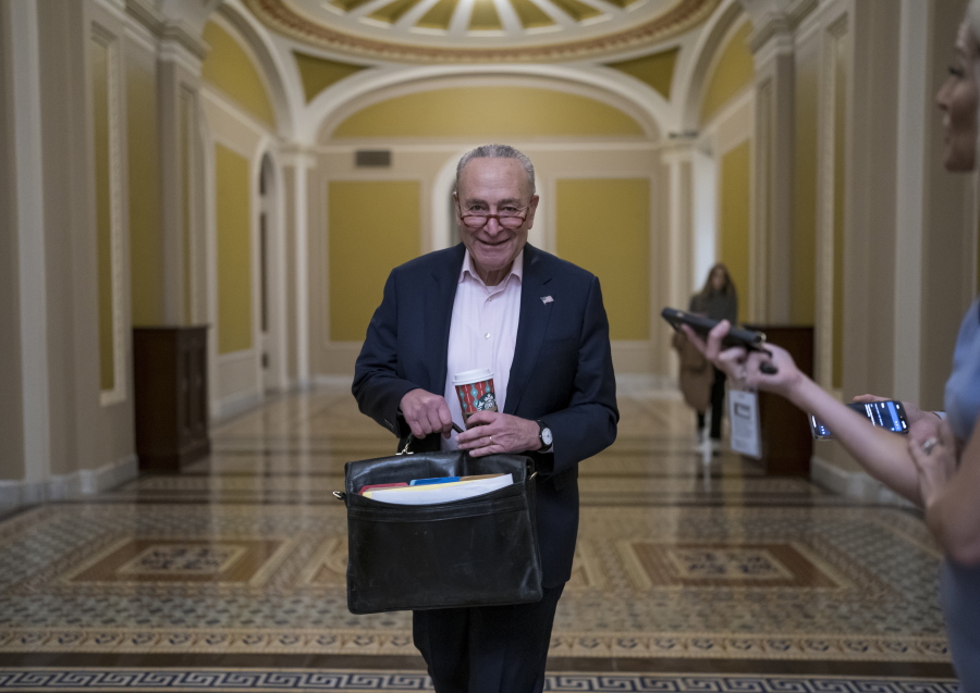 FILE - Senate Majority Leader Chuck Schumer, D-N.Y., returns to the Capitol in Washington, on the morning after Election Day Nov. 9, 2022. (AP Photo/J.