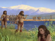 This illustration provided by Tel Aviv University depicts hominins preparing Luciobarbus longiceps fish on the shores of the ancient lake Lake Hula. A recent study found the oldest evidence of using fire to cook, dating back to 780,000 years ago.