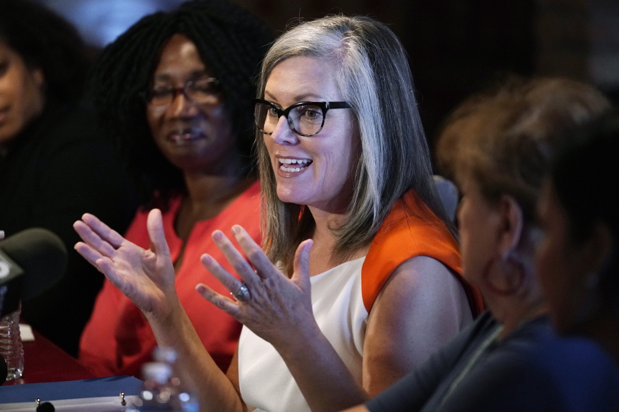 FILE - Arizona Secretary of State Katie Hobbs speaks at a roundtable event in Phoenix, Monday, Sept. 19, 2022. Hobbs was elected Arizona governor on Monday, Nov. 14 defeating Republican rival Kari Lake.   (AP Photo/Ross D.