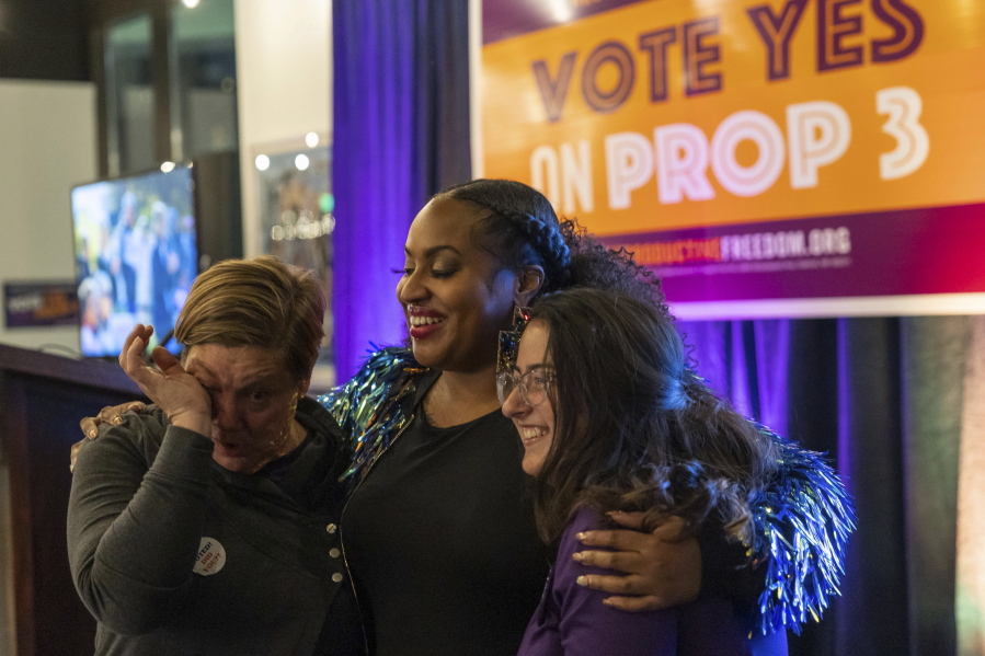 Supporters of abortion rights react as preliminary results come in for Michigan Proposal 3 on Tuesday in Detroit, Mich. The measure adds the right to abortion to the state constitution.