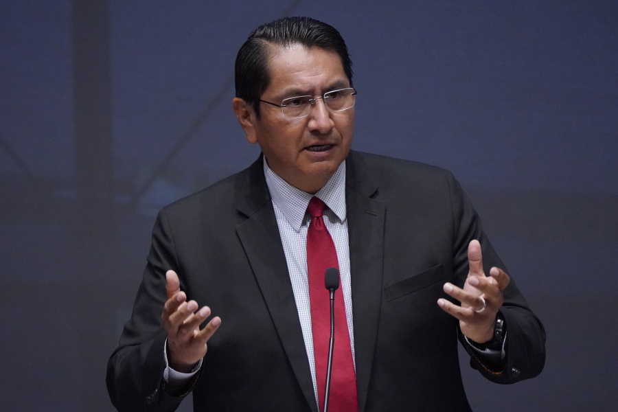 FILE - Navajo Presidential candidate Jonathan Nez speaks during a Presidential Forum at Arizona State University, on July 12, 2022, in Phoenix. Navajos next week will choose whether to elect a president who has never held political office or one whose career in tribal government spans two decades. Incumbent President Jonathan Nez and challenger Buu Nygren emerged as the top two vote-getters among 15 candidates in the tribe's primary election in August.