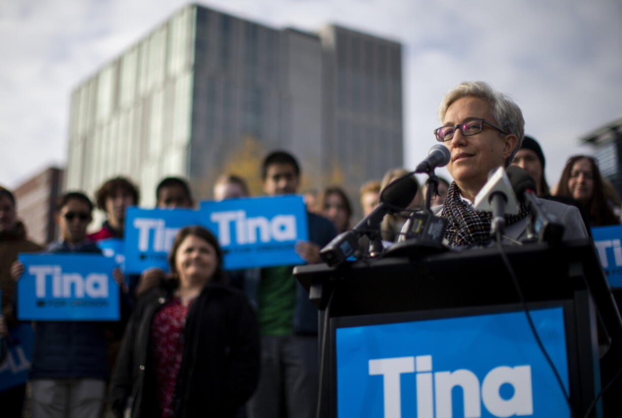 Democratic gubernatorial candidate for Oregon governor Tina Kotek holds a press conference in Tom McCall Waterfront Park in downtown Portland, Ore., on Thursday, Nov. 10, 2022.