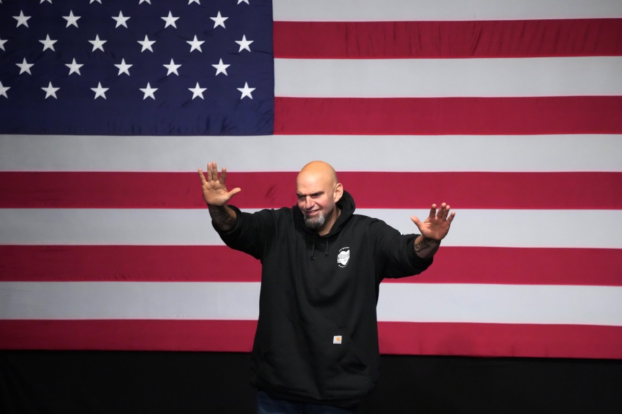 Pennsylvania Lt. Gov. John Fetterman, Democratic candidate for U.S. Senate, waves to supporters after addressing an election night party in Pittsburgh, Wednesday, Nov. 9, 2022. (AP Photo/Gene J.