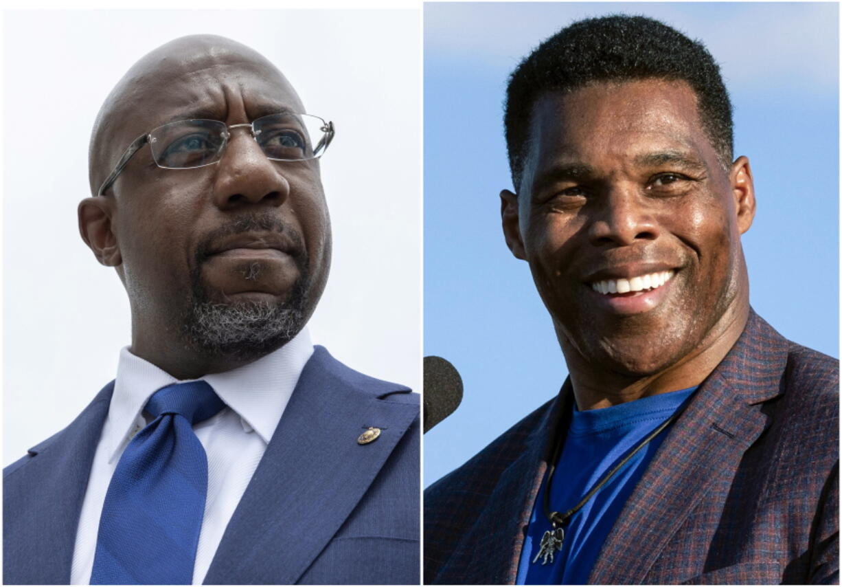 This combination of photos shows, Sen. Raphael Warnock, D-Ga., speaking to reporters on Capitol Hill in Washington, Aug. 3, 2021, left, and Republican Senate candidate Herschel Walker speaking in Perry, Ga., Sept. 25, 2021. Early in-person voting for the last U.S. Senate seat is underway statewide in Georgia's runoff, with Warnock and Democrats looking to get a head start over challenger Walker as Republicans take a more muted approach toward advanced balloting in the final contest of the 2022 midterms.