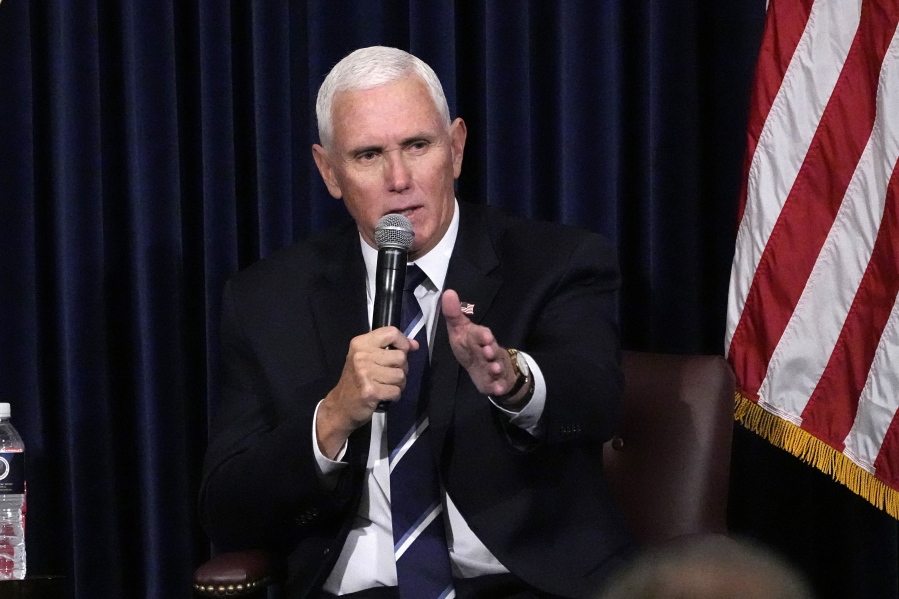 FILE - Former Vice President Mike Pence speaks at the Ronald Reagan Presidential Library & Museum, Nov. 17, 2022, in Simi Valley, Calif. Pence will deliver a keynote address at the Republican Jewish Coalition's annual leadership meeting this weekend in Las Vegas. (AP Photo/Mark J.