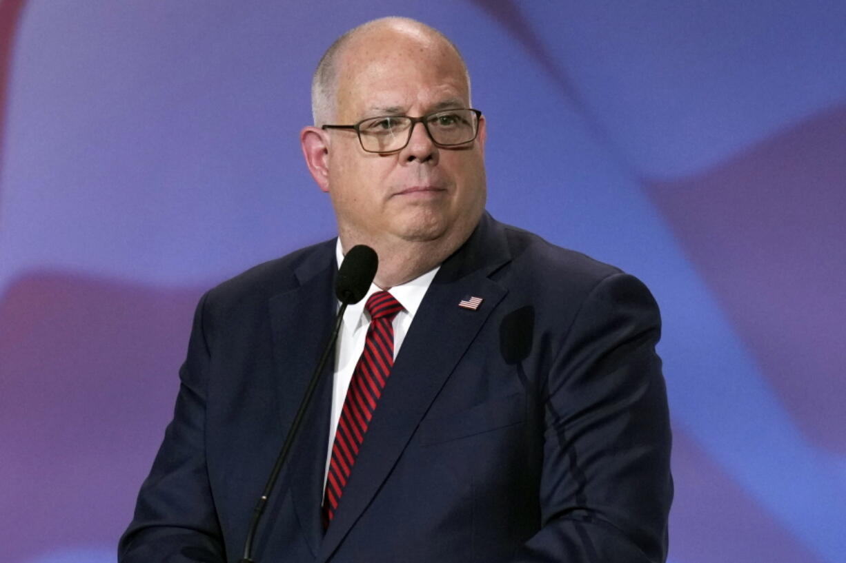 Maryland Gov. Larry Hogan speaks at an annual leadership meeting of the Republican Jewish Coalition, Friday, Nov. 18, 2022, in Las Vegas.