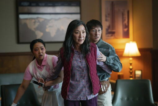 From left, Stephanie Hsu, Michelle Yeoh and Ke Huy Quan in "Everything Everywhere All At Once." (Allyson Riggs/A24 Films)