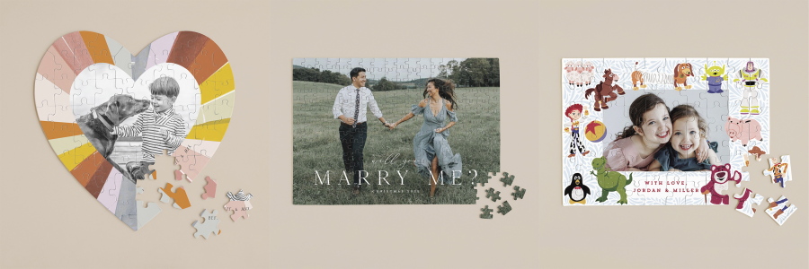 This combination of images shows a variety of personalized puzzles offered by Minted. There are square and heart-shaped layouts, and you can pick black & white or color reproductions. It's a nice way to celebrate family moments.