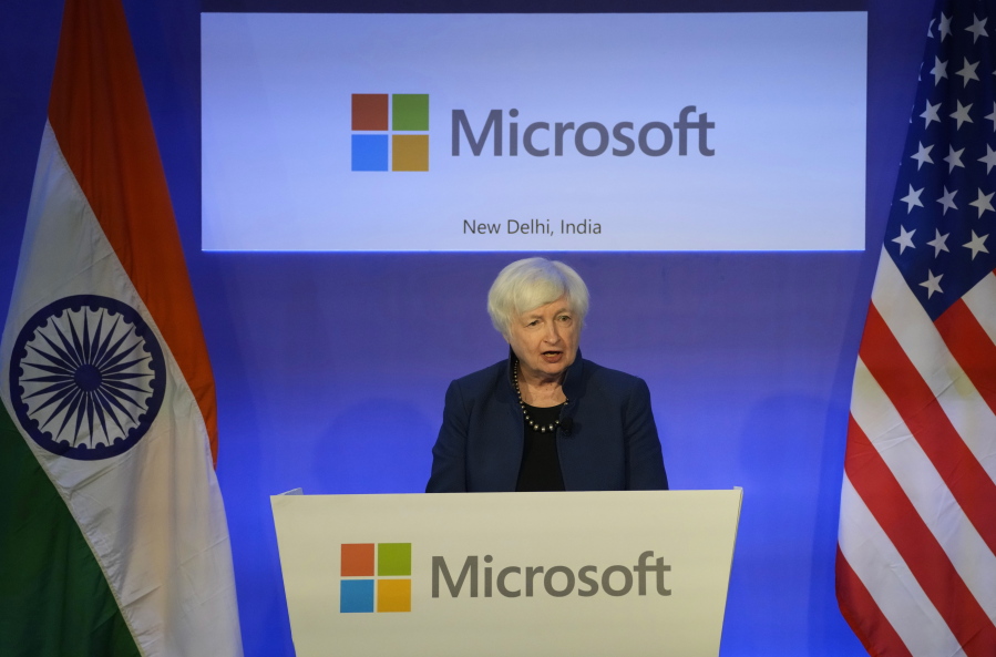 U.S. Secretary of the Treasury Janet L. Yellen speaks at the Microsoft India Development Center in Noida, on the outskirts of New Delhi, India, Friday, Nov. 11, 2022. U.S. Secretary of the Treasury Janet L. Yellen underscored the importance of establishing an Indo-Pacific economic framework that will strengthen supply chains with trusted trading partners like India as she prepared to meet Indian leaders in New Delhi, officials said Friday.