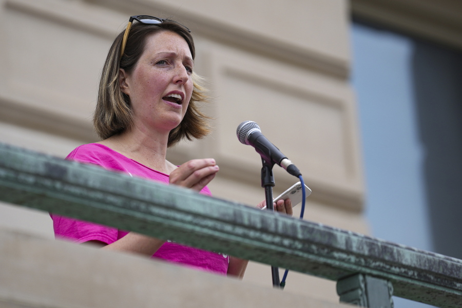 FILE - Dr. Caitlin Bernard, a reproductive healthcare provider, speaks during an abortion rights rally on June 25, 2022, at the Indiana Statehouse in Indianapolis. The Indianapolis doctor who performed an abortion on a 10-year-old rape victim from Ohio is suing Indiana's attorney general Thursday, Nov. 3, 2022, seeking to block him from using allegedly "frivolous" consumer complaints to issue subpoenas seeking patients' confidential medical records.