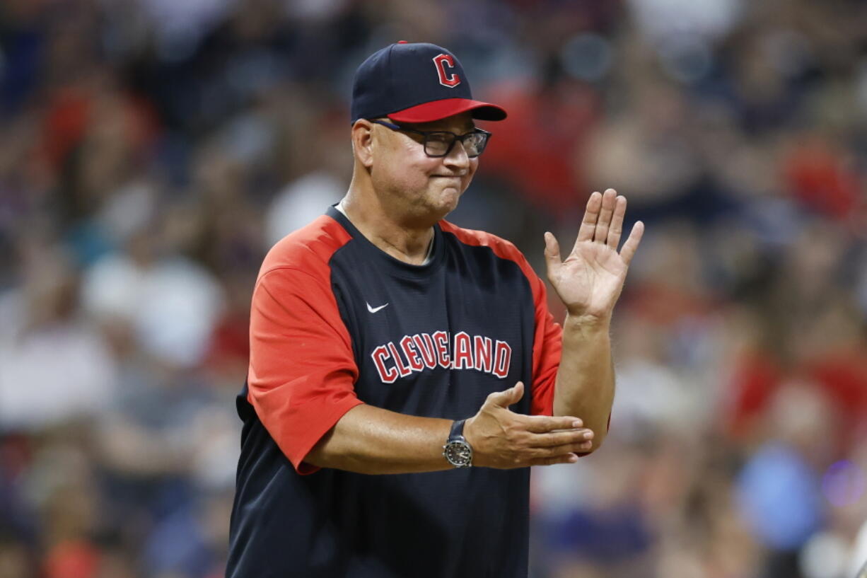 FILE - Cleveland Guardians manager Terry Francona makes a pitching change during the fifth inning of the team's baseball game against the Houston Astros, Aug. 4, 2022, in Cleveland. Francona was voted the American League Manager of the Year on Tuesday night, Nov. 15, winning the award for the third time in 10 seasons after leading the Guardians to the AL Central title. Francona received 17 of 30 first-place votes and nine second-place votes for 112 points from a Baseball Writers' Association of America panel.