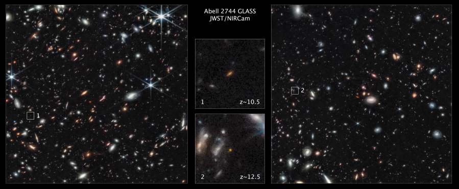 This image made available by the Space Telescope Science Institute on Thursday shows two of the farthest galaxies seen to date captured by the James Webb Space Telescope in the outer regions of the giant galaxy cluster Abell 2744. The galaxies are not inside the cluster, but many billions of light-years farther behind it. The galaxy labeled "1" existed only 450 million years after the big bang. The galaxy labeled "2" existed 350 million years after the big bang. (NASA, ESA, CSA, Tommaso Treu (UCLA), Zolt G.